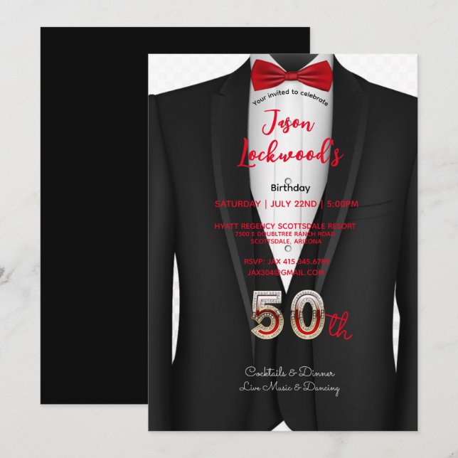 50th Birthday Party, Tuxedo Suit, Black & Red Tie Invitation (Front/Back)