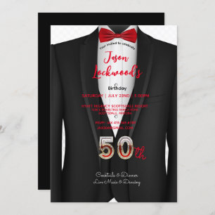 50th Birthday Party, Tuxedo Suit, Black & Red Tie Invitation