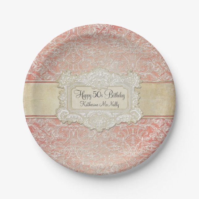 50th Birthday Party Vintage French Regency Lace Paper Plates (Front)