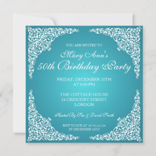 50th Birthday Party Vintage Swirls Turquoise Invitation