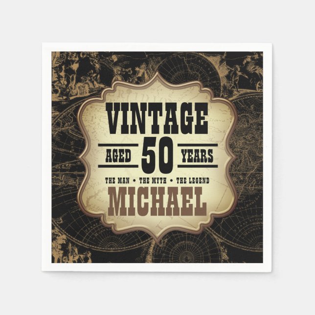 50th Birthday Party Vintage Theme Custom Name Napkins (Front)