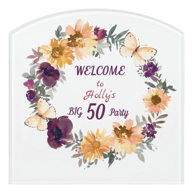 50th Birthday Party Welcome Fall Flowers Sign (Contour Front)