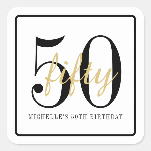 50th Birthday Party White Black Chic Favor Sticker (Front)