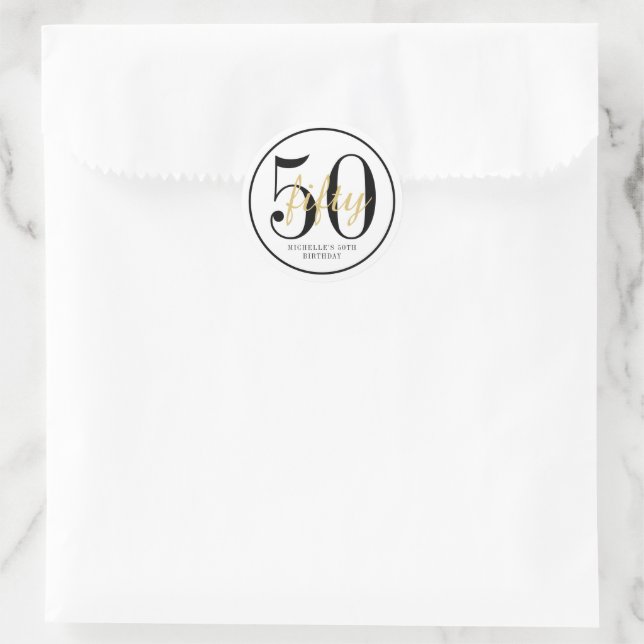 50th Birthday Party White Black Chic Round Favor  Classic Round Sticker (Bag)