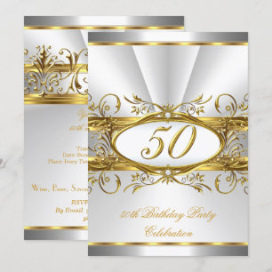50th Birthday Party White Gold Floral Silver Invitation