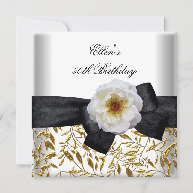 50th Birthday Party White Gold Flower Black Bow Invitation (Front)