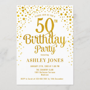 50th Birthday Party - White & Gold Invitation