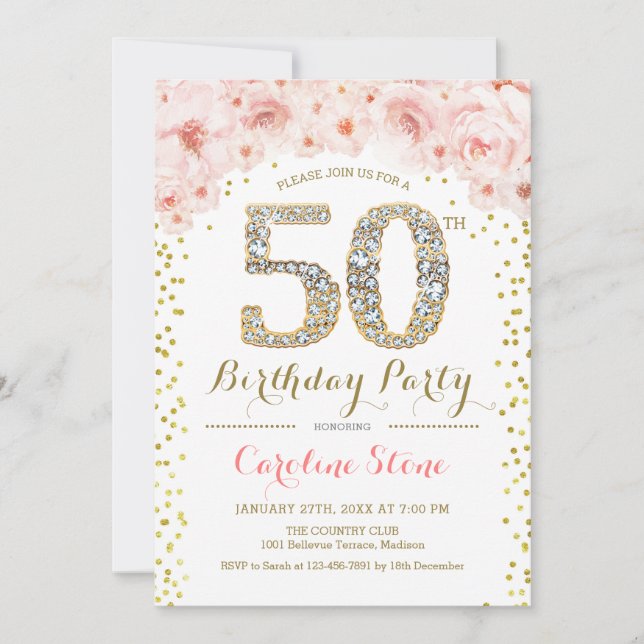 50th Birthday Party - White Gold Pink Invitation (Front)