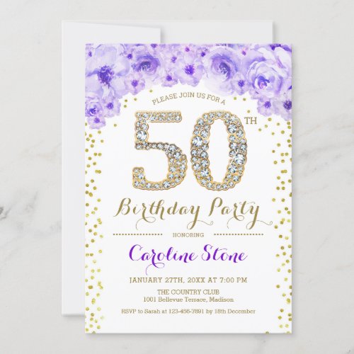 50th Birthday Party _ White Gold Purple Invitation