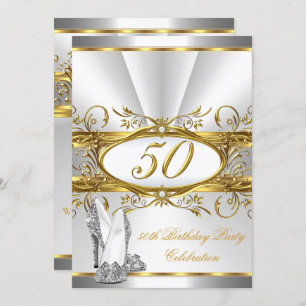 50th Birthday Party White Gold Silver Heels Invitation