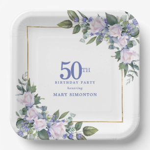 50th Birthday Party White Rose Blue Floral Custom Paper Plates