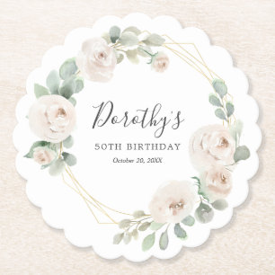50th Birthday Party White Rose Floral Custom Paper Coaster
