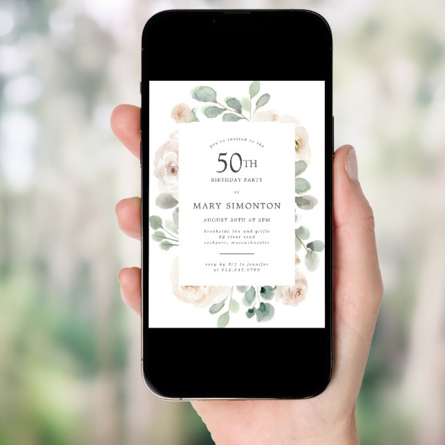 50th Birthday Party White Rose Floral Invitation (Front Digital)