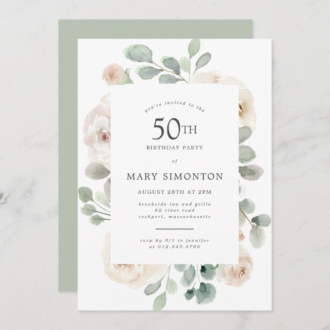 50th Birthday Party White Rose Floral Invitation (Front/Back)
