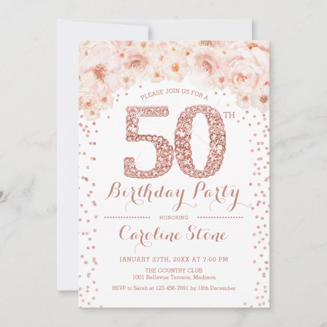 50th Birthday Party - White Rose Gold Invitation (Front)