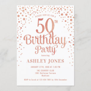 50th Birthday Party - White & Rose Gold Invitation