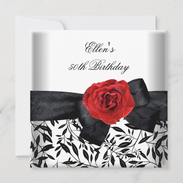 50th Birthday Party White Silver Flower Black Bow Invitation (Front)