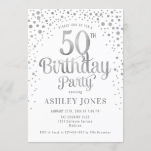 50th Birthday Party - White & Silver Invitation