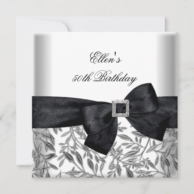 50th Birthday Party White Silver Jewel Black Bow Invitation (Front)