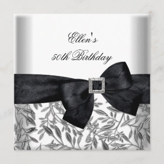 50th Birthday Party White Silver Jewel Black Bow Invitation