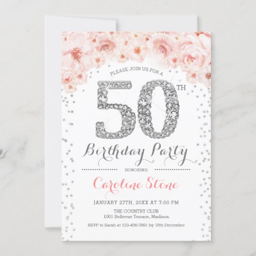 50th Birthday Party _ White Silver Pink Invitation