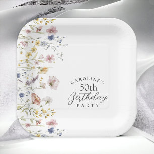 50th Birthday Party Wildflowers Watercolor Floral Paper Plates