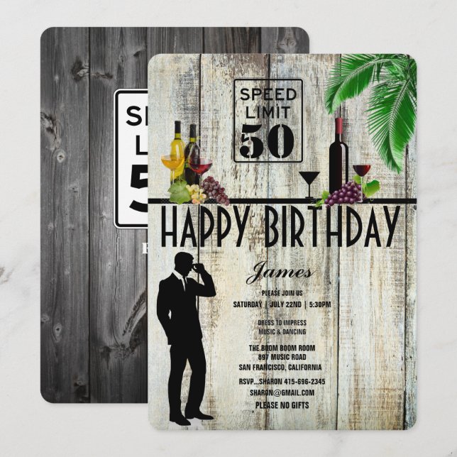 50th Birthday Party, Wine, Cocktails, Palms Invitation (Front/Back)