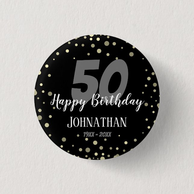 50th Birthday Party with Confetti Black Button (Front)