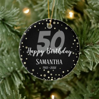 50th Birthday Party with Confetti black Ceramic Ornament