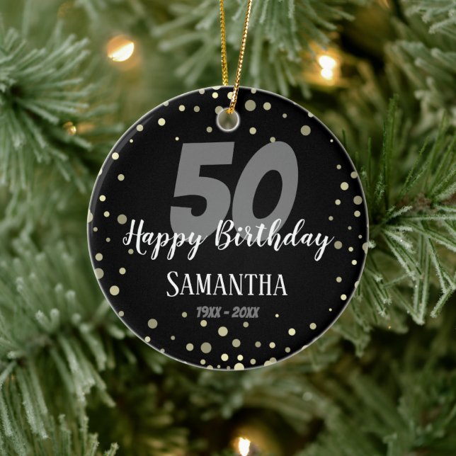 50th Birthday Party with Confetti black Ceramic Ornament (Tree)