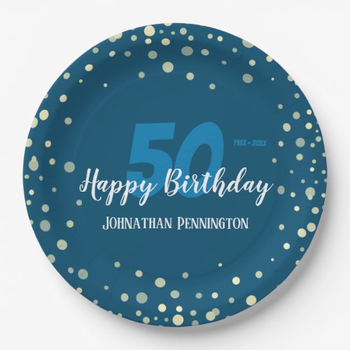 50th Birthday Party with Confetti Blue Paper Plates