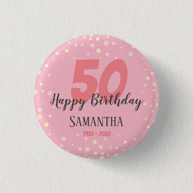 50th Birthday Party with Confetti Pink Button (Front)