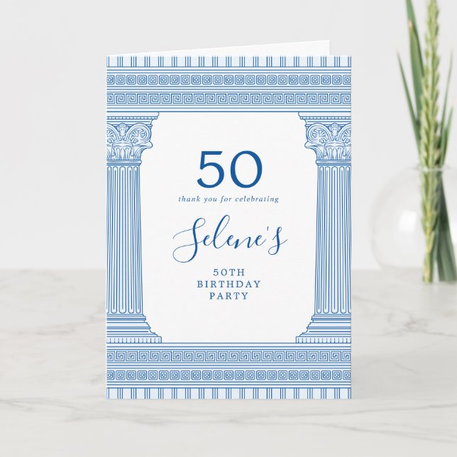 50th birthday party with custom color Greek temple Thank You Card (Front)