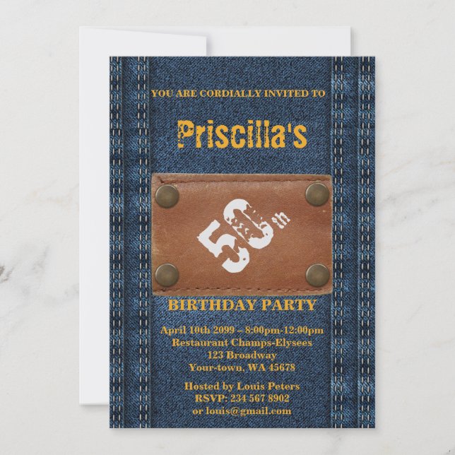 50th,Birthday Party Woman, Any age, Denim style Invitation (Front)