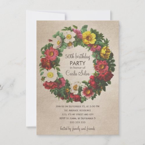 50th Birthday Party Women Vintage Floral Wreath Invitation