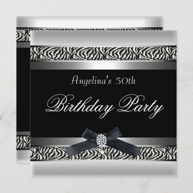 50th Birthday Party Zebra Black White Diamond Invitation (Front/Back)