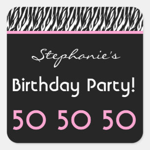 50th Birthday Party Zebra with Pink Custom Name V3 Square Sticker