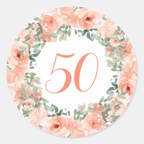 50th Birthday Peach Floral Classic Round Sticker