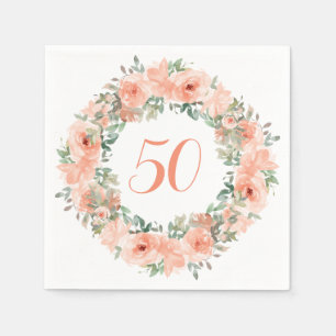 50th Birthday Peach Floral Watercolor Napkins