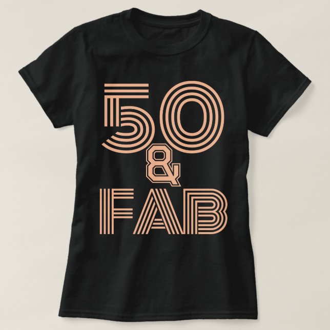 50th Birthday Peach Fuzz "50 & Fab" Stylish Black  T-Shirt (Design Front)