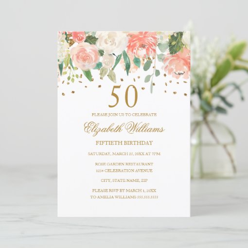 50th Birthday Peach Gold Floral Invitation | Zazzle