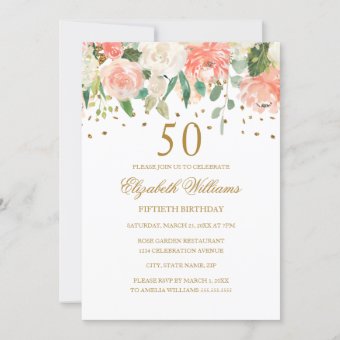 50th Birthday Peach Gold Floral Invitation 