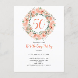 50th Birthday Peach Watercolor Floral Invitation Postcard
