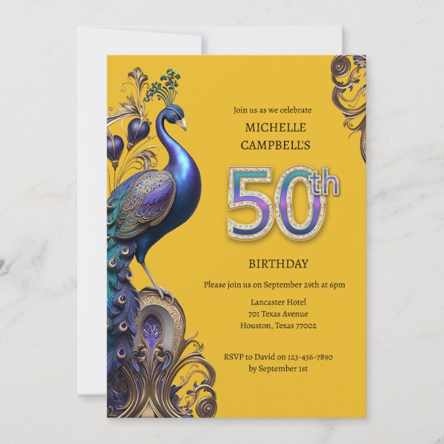 50th Birthday, peacock Invitation (Front)