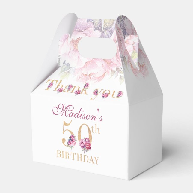 50th Birthday Peonies Pink Gold Glitter Custom Favor Boxes (Front Side)