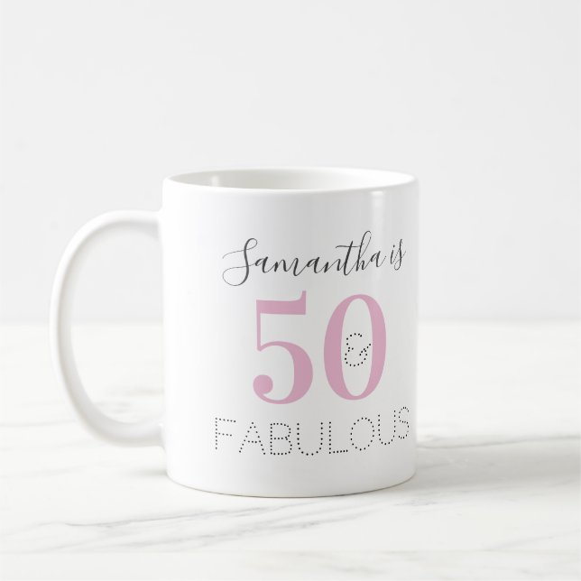 50th Birthday Personalized 50 and fabulous Pink Coffee Mug (Left)
