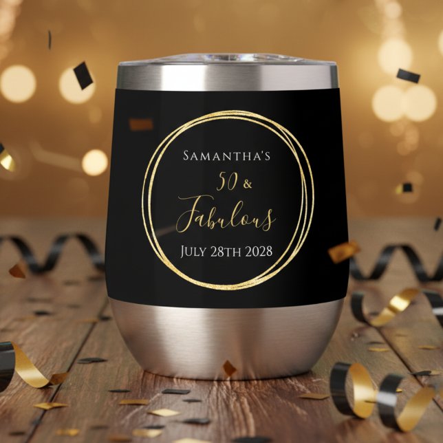 50th Birthday Personalized Black Gold Thermal Wine Tumbler (Creator Uploaded)