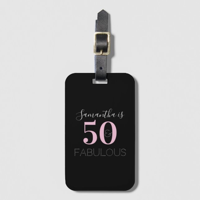 50th Birthday Personalized Black Pink Luggage Tag (Front Vertical)