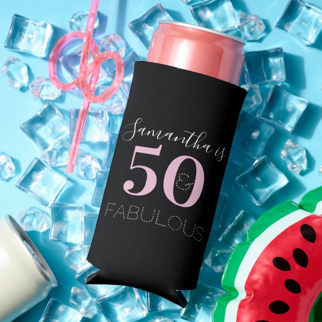 50th Birthday Personalized Black Pink Seltzer Can Cooler (In Situ Summer)