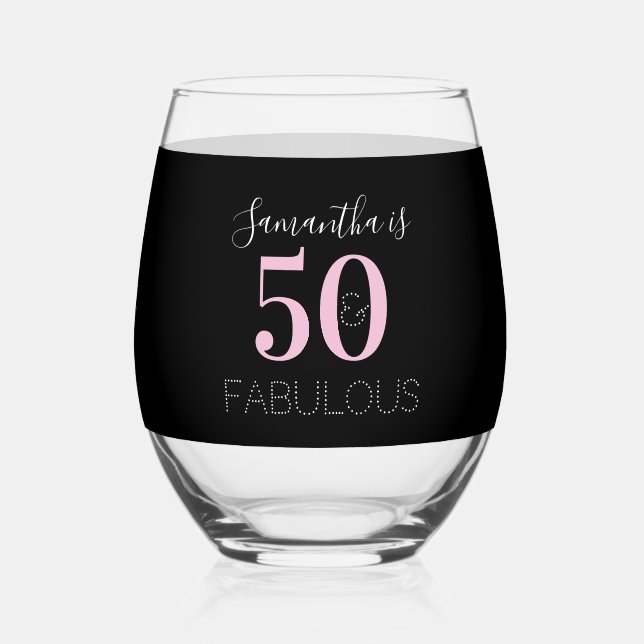 50th Birthday Personalized Black Pink Stemless Wine Glass (Front)